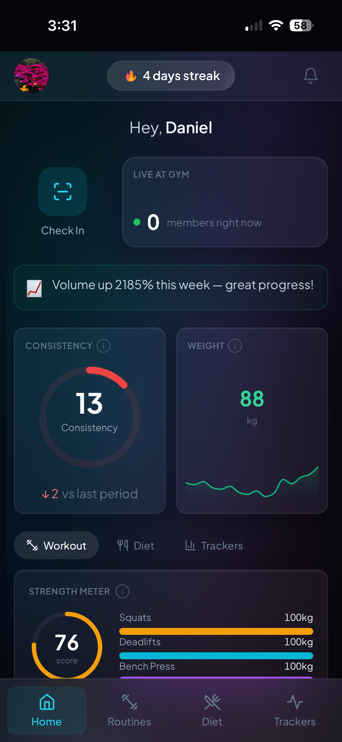 Inkuity member portal — check-in, streak, consistency score, weight tracking, and strength meter